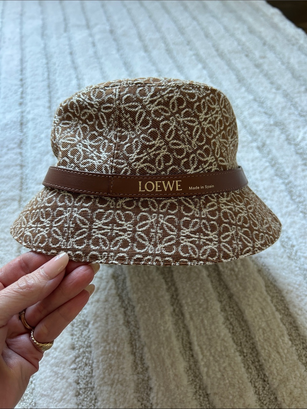Loewe Brown & Ivory Anagram Canvas Bucket Hat with Leather Band